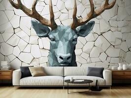 3d moderno interno vivente camera con stereo cervo animale e astratto geometrico crepa pietra generativo ai foto