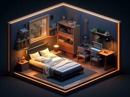 low-poly isometrico estetico Camera da letto, piccolo 3d camera con rgb illuminazione generativo ai foto