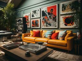 un' di ispirazione retrò moderno casa interno con un' mescolare di Vintage ▾ contemporaneo elementi e luminosa arancia accento parete e mezzo secolo moderno mobilia generativo ai foto
