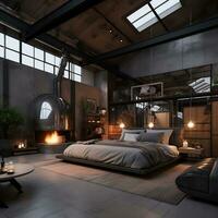 interno di lusso Camera da letto dentro un' lusso industriale casa generativo ai foto
