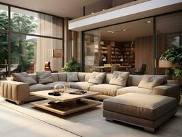 moderno vivente camera con divano generativo ai foto