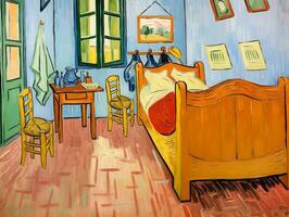 un' accogliente semplice olio dipingere Camera da letto scena pieno con rustico mobilia generativo ai foto