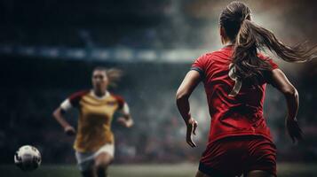 posteriore Visualizza di femmina calcio giocatore in piedi nel stadio foto