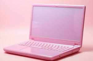 barbiecore. rosa il computer portatile su un' rosa sfondo. Bambola computer foto