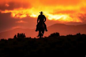 silhouette di un' persona nel il tramonto. silhouette di un' cowboy durante un' glorioso tramonto. ai generativo foto