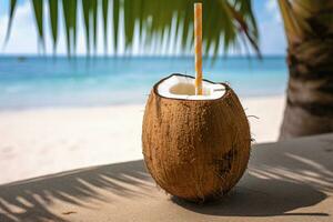 gratuito foto Noce di cocco cocktail con potabile cannuccia su un' palma albero nel il spiaggia fotografia ai creare