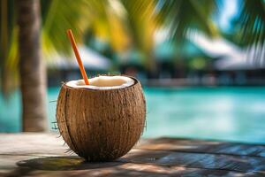 gratuito foto Noce di cocco cocktail con potabile cannuccia su un' palma albero nel il spiaggia fotografia ai creare