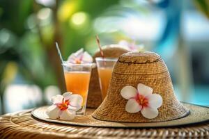 gratuito foto Noce di cocco cocktail decorato plumeria, cannuccia cappello e occhiali da sole su il tavolo fotografia ai creare