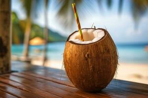 gratuito foto Noce di cocco cocktail con potabile cannuccia su un' palma albero nel il spiaggia fotografia ai creare