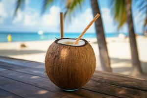 gratuito foto Noce di cocco cocktail con potabile cannuccia su un' palma albero nel il spiaggia fotografia ai creare