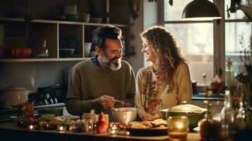 vecchio coppia cucinando prima colazione insieme foto