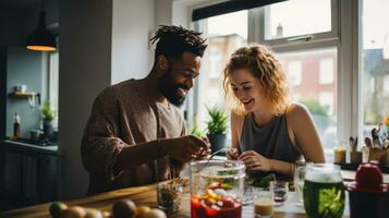 nero uomo e Cinese donna cucinando prima colazione insieme. foto