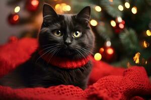 gatto nel rosso maglione sotto il Natale albero foto