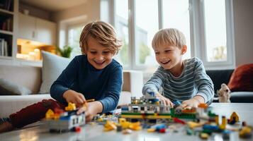 papà con un' ragazzo di 10 anni vecchio giochi un' costruttore foto