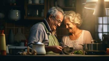 vecchio coppia cucinando prima colazione insieme foto