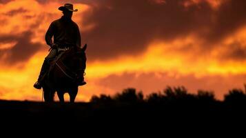 silhouette di un' persona nel il tramonto. silhouette di un' cowboy durante un' glorioso tramonto. ai generativo foto