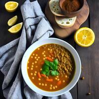 un' tubatura caldo ciotola di lenticchia la minestra, pieno con terroso spezie e un' spremere di fresco Limone succo, Perfetto per un' confortante pasto ai generativo foto