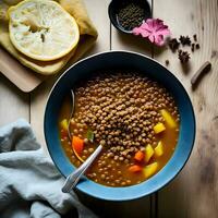 un' tubatura caldo ciotola di lenticchia la minestra, pieno con terroso spezie e un' spremere di fresco Limone succo, Perfetto per un' confortante pasto ai generativo foto