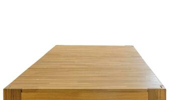 di legno tavolo superiore, cena tavolo superficie isolato al di sopra di bianca sfondo foto. naturale legna mobilia vicino Visualizza foto