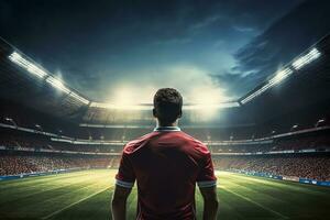 posteriore Visualizza di calcio giocatore nel rosso maglia su stadio a notte foto