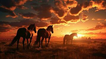 gruppo di cavalli mangiare nel un' campo a crepuscolo. silhouette concetto foto