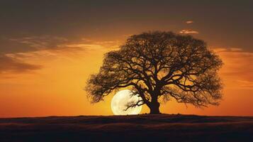 staglia quercia albero a tramonto con pieno Luna contro d'oro cielo nel inverno foto