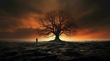 il spoglio spaventoso albero sta solo nel misterioso silenzio. silhouette concetto foto