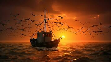 uccelli volante al di sopra di un' gamberetto pesca barca a tramonto nel il Aperto mare. silhouette concetto foto