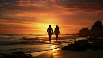 staglia giovane coppia contro tramonto nel un' costiero paesaggio foto