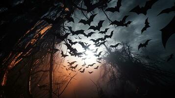 Halloween motivi gruppo di pipistrelli arroccato su un' albero. silhouette concetto foto
