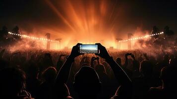massiccio folla a musica Festival registrazione concerto su smartphone. silhouette concetto foto