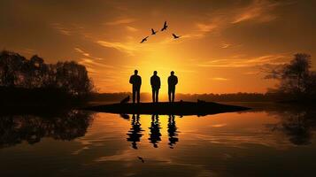 uomini S sagome accanto il lago durante tramonto foto