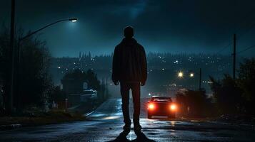 il solitario giovane uomo vagato il notte strada. silhouette concetto foto