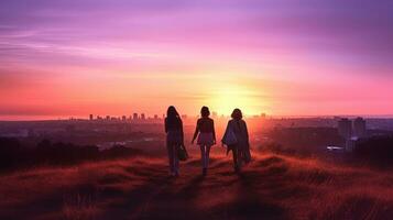 tre amici camminare nel un' parco a tramonto oggi. silhouette concetto foto