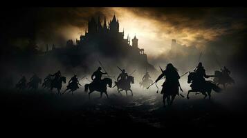 guerrieri nel medievale battaglia scena combattente nel silhouette contro un' nebbioso sfondo con castello foto