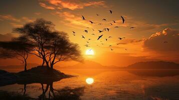 uccelli volante di come il bianca sole punti salienti perla nuvole e albero sagome durante un arancia tramonto foto