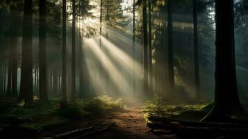 luce del sole filtri attraverso il nebbia in il foresta. silhouette concetto foto
