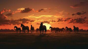 gruppo di cavalli mangiare nel un' campo a crepuscolo. silhouette concetto foto