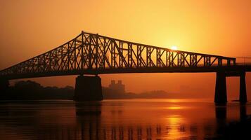 Alba silhouette di howrah ponte un' sospeso span al di sopra di il scioccamente fiume nel ovest Bengala foto