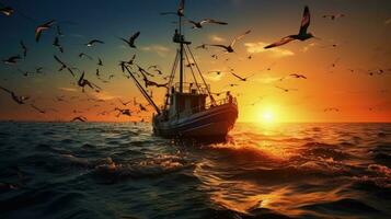 uccelli volante al di sopra di un' gamberetto pesca barca a tramonto nel il Aperto mare. silhouette concetto foto