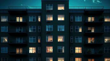 illuminato finestre di alto appartamento edificio a notte urbano sfondo. silhouette concetto foto