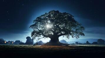 antico quercia albero nel il cittadina. silhouette concetto foto