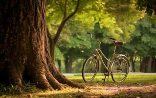 ai generativo bicicletta nel ombra di alberi con denso fogliame nel assolato urbano naturale primavera estate parco foto