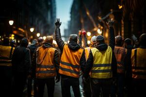 costruzioni lavoratori a piedi su il strada festeggiare foto