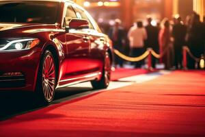 lato Visualizza di lusso sport auto su rosso tappeto nel showroom. foto