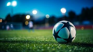 calcio palla su verde erba di calcio stadio a notte con luci foto