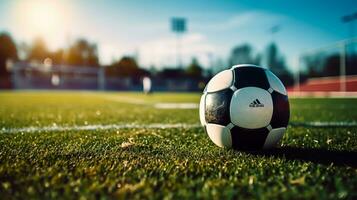 calcio palla su il verde erba di calcio campo foto