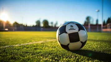 calcio palla su il verde erba di calcio campo foto