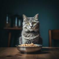 un' grigio dai capelli lunghi gatto è seduta, Là è un' ciotola di cibo nel davanti di lui. generativo ai foto