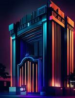 vettore architettonico monumento edificio con neon leggero di ai generato foto